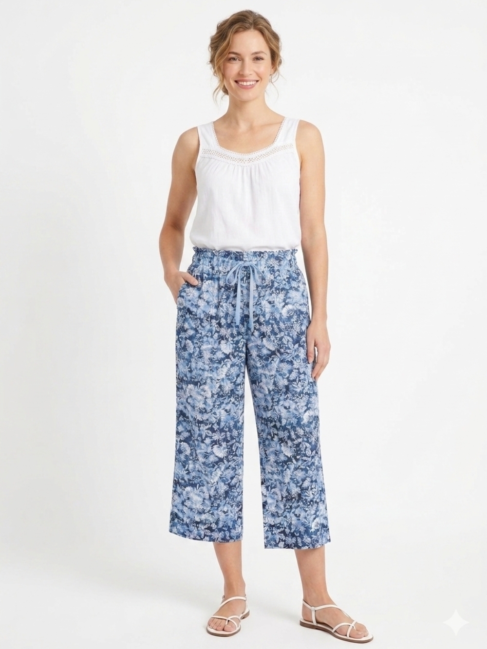 Zac & Rachel Blue White Floral Paperbag Waist Wide Leg Cropped Pants Size M
